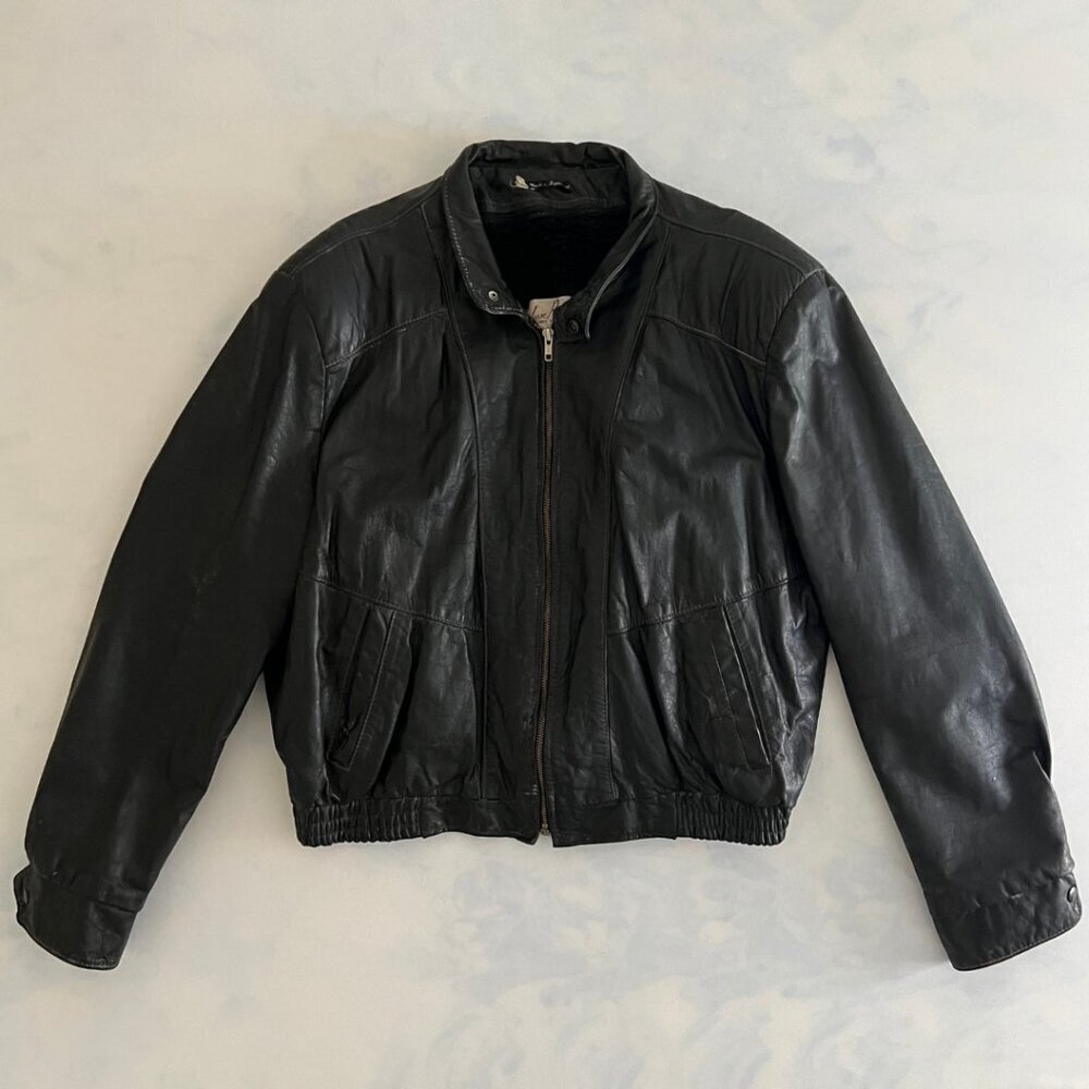 Jean Pierre Black Vintage 80's Sherpa Lined Leather Moto Bomber Jacket